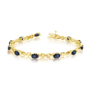 10K Yellow Gold Oval Sapphire Stones And Diamonds Tennis Bracelet, 7"