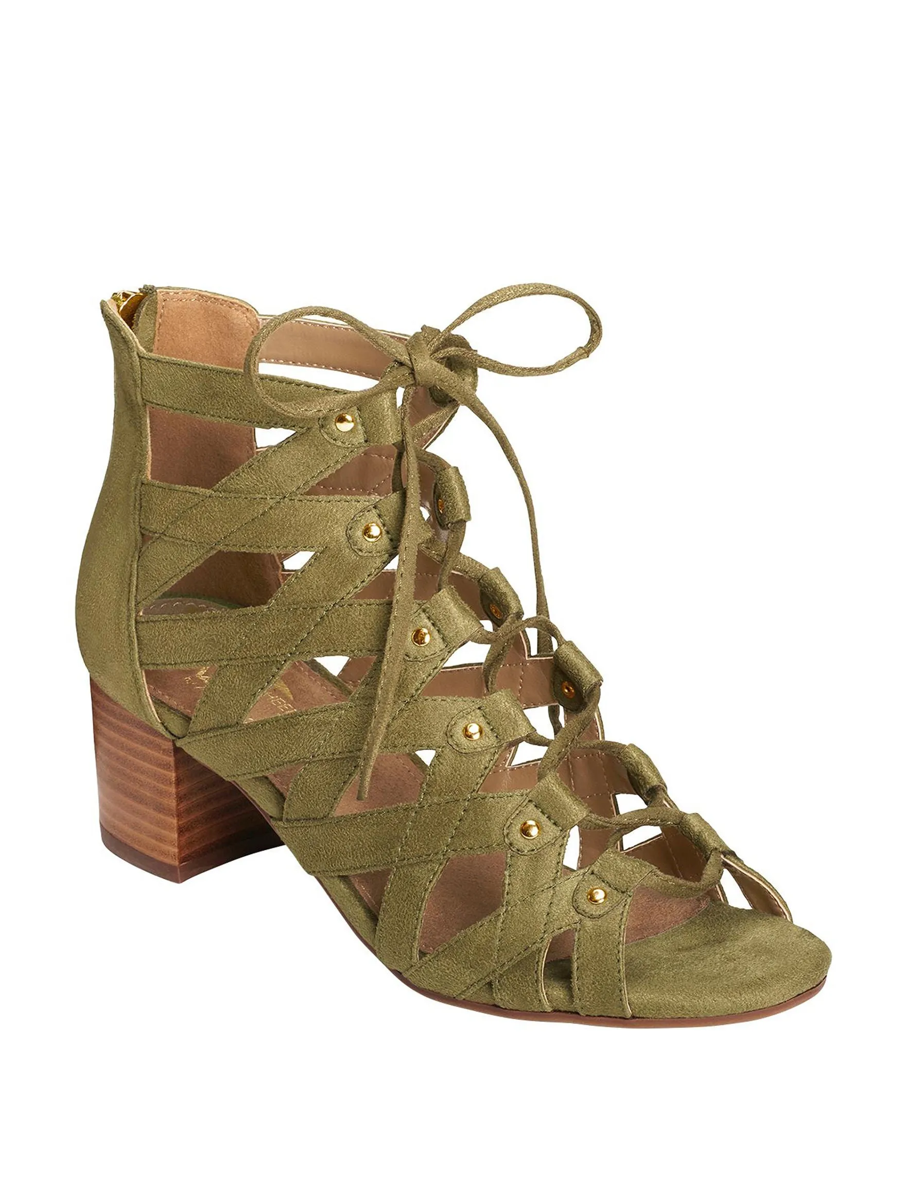 Aerosoles Mid Green Gladiator Cutout Stacked Block Heel Zip Back Tie Up Sandals