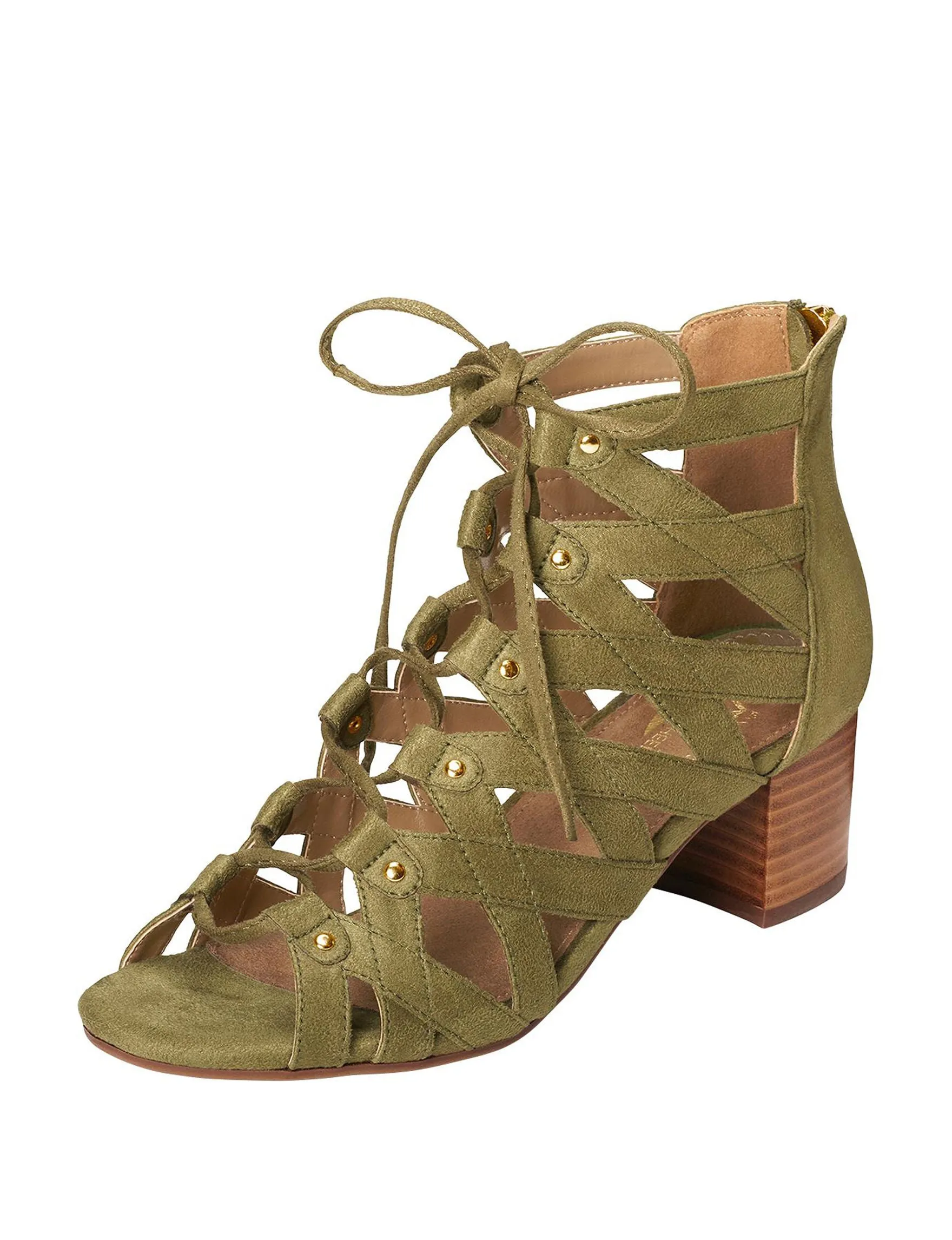 Aerosoles Mid Green Gladiator Cutout Stacked Block Heel Zip Back Tie Up Sandals