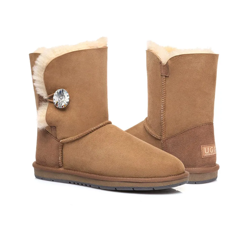 Australian Genuine Sheepskin Short Crystal Button Boots