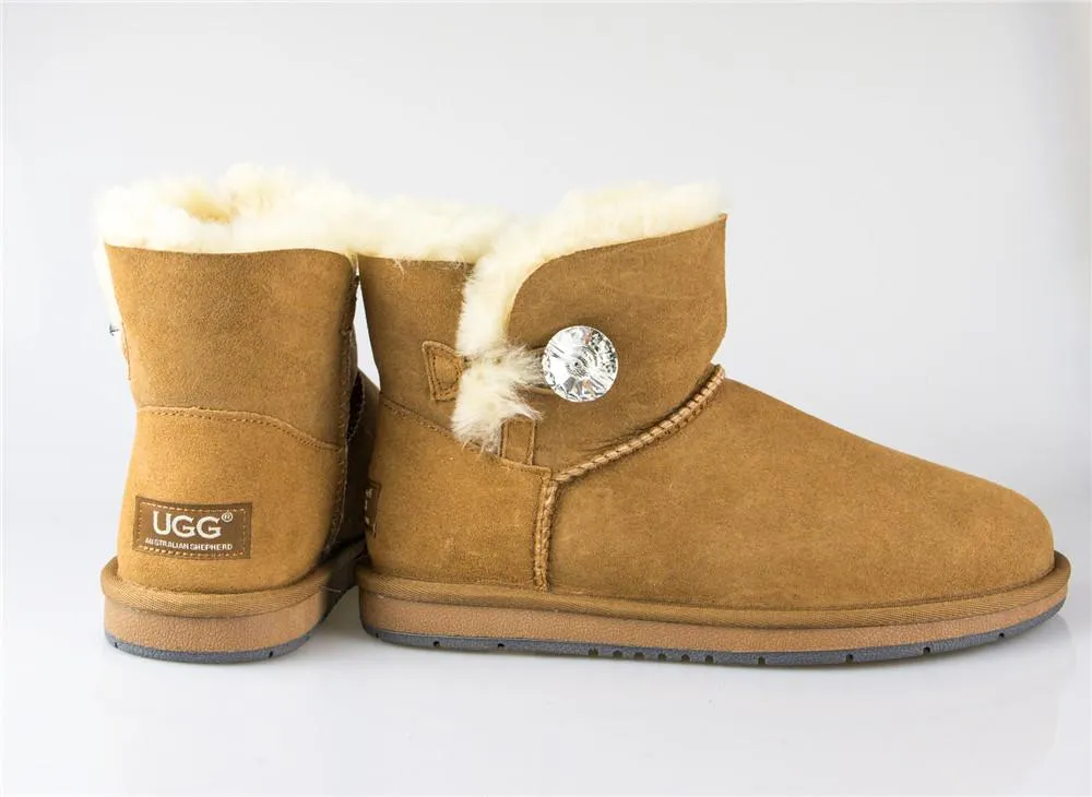 Australian Premium Double Face Sheepskin Mini Crystal Button Boots