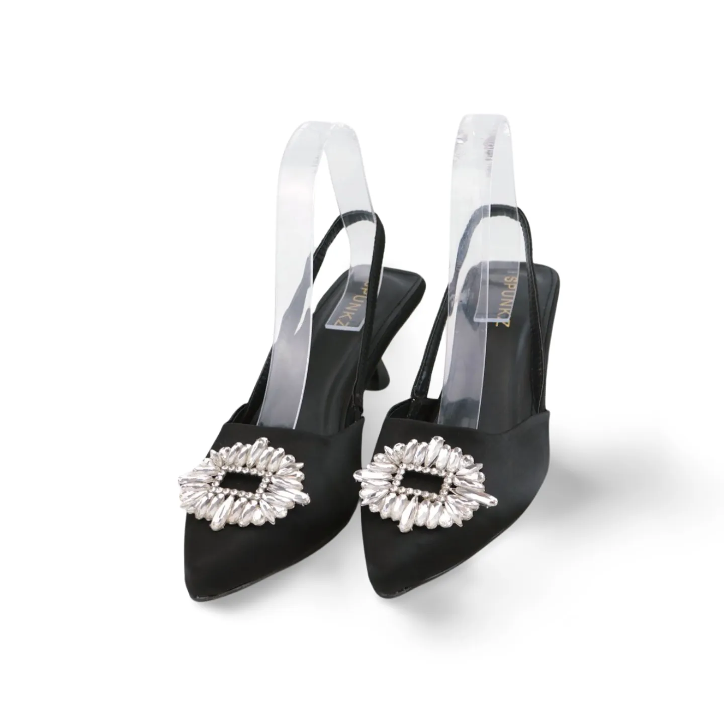 Black Satin Rhinestone Buckle Stiletto Heels - Elegant and Dazzling for Any Occasion