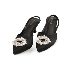 Black Satin Rhinestone Buckle Stiletto Heels - Elegant and Dazzling for Any Occasion