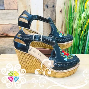 Black with Embroider Flowers - Wedges Women Shoes