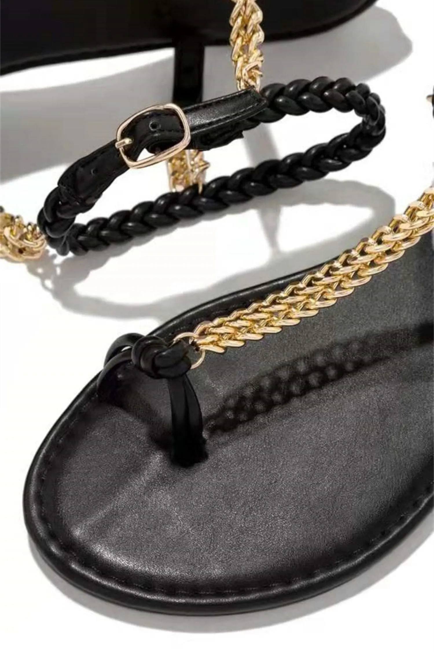 Black Woven Ankle Straps Chain Flat Sandals