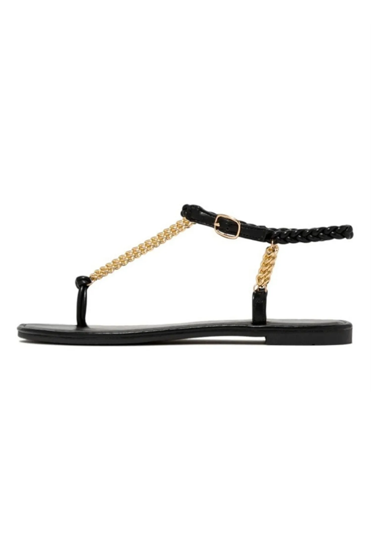 Black Woven Ankle Straps Chain Flat Sandals