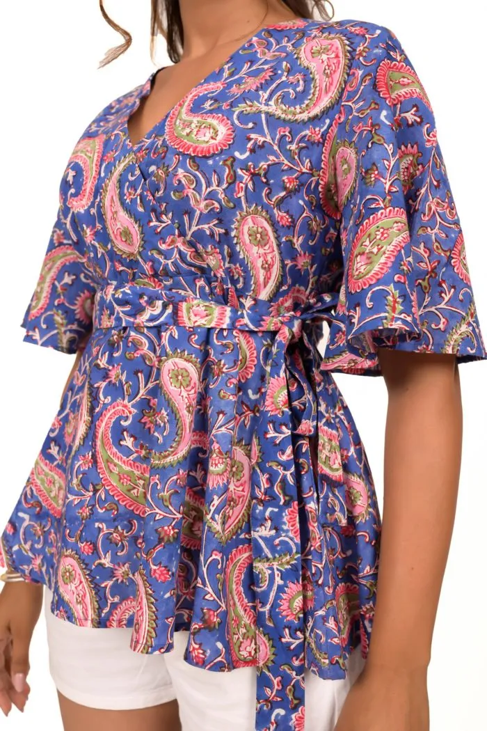 Blue Paisley Hand Block Printed Peplum Cotton Top