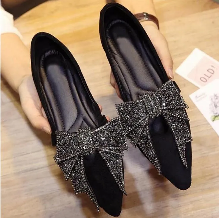 Bowknot Rhinestone Point Toe Flat Loafers