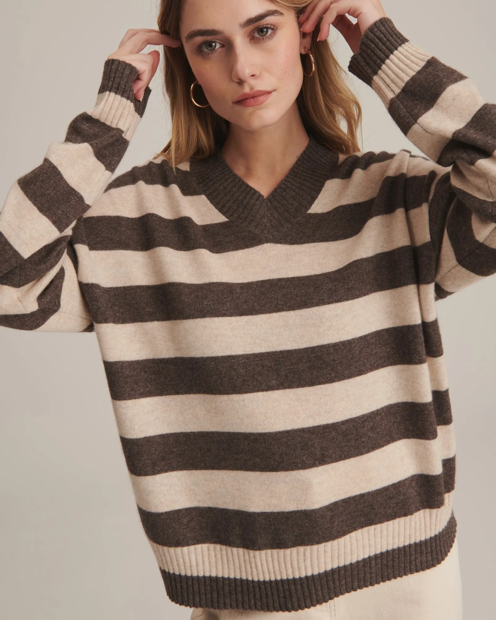 Cashmere Striped Boyfriend V-Neck Sweater