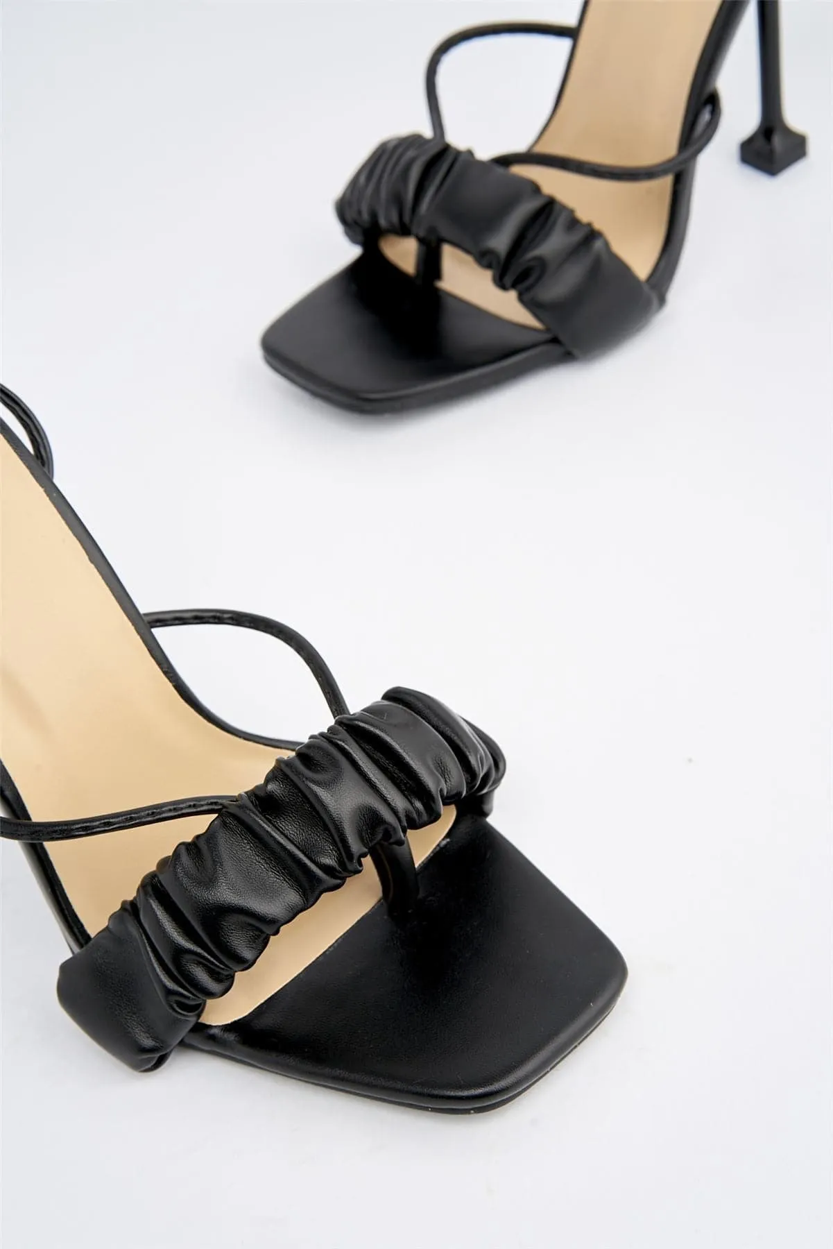 Coco Ruched Band Lace-up Heels in Black