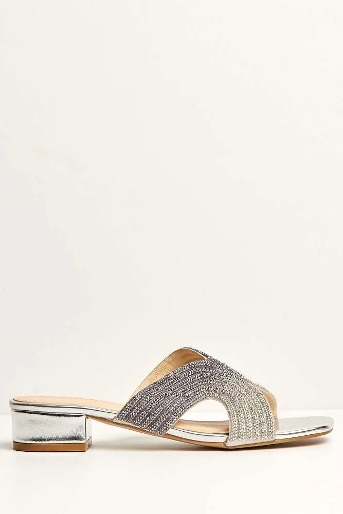 Cordelia 5 Diamante Single Band Block Heel Mule in Silver