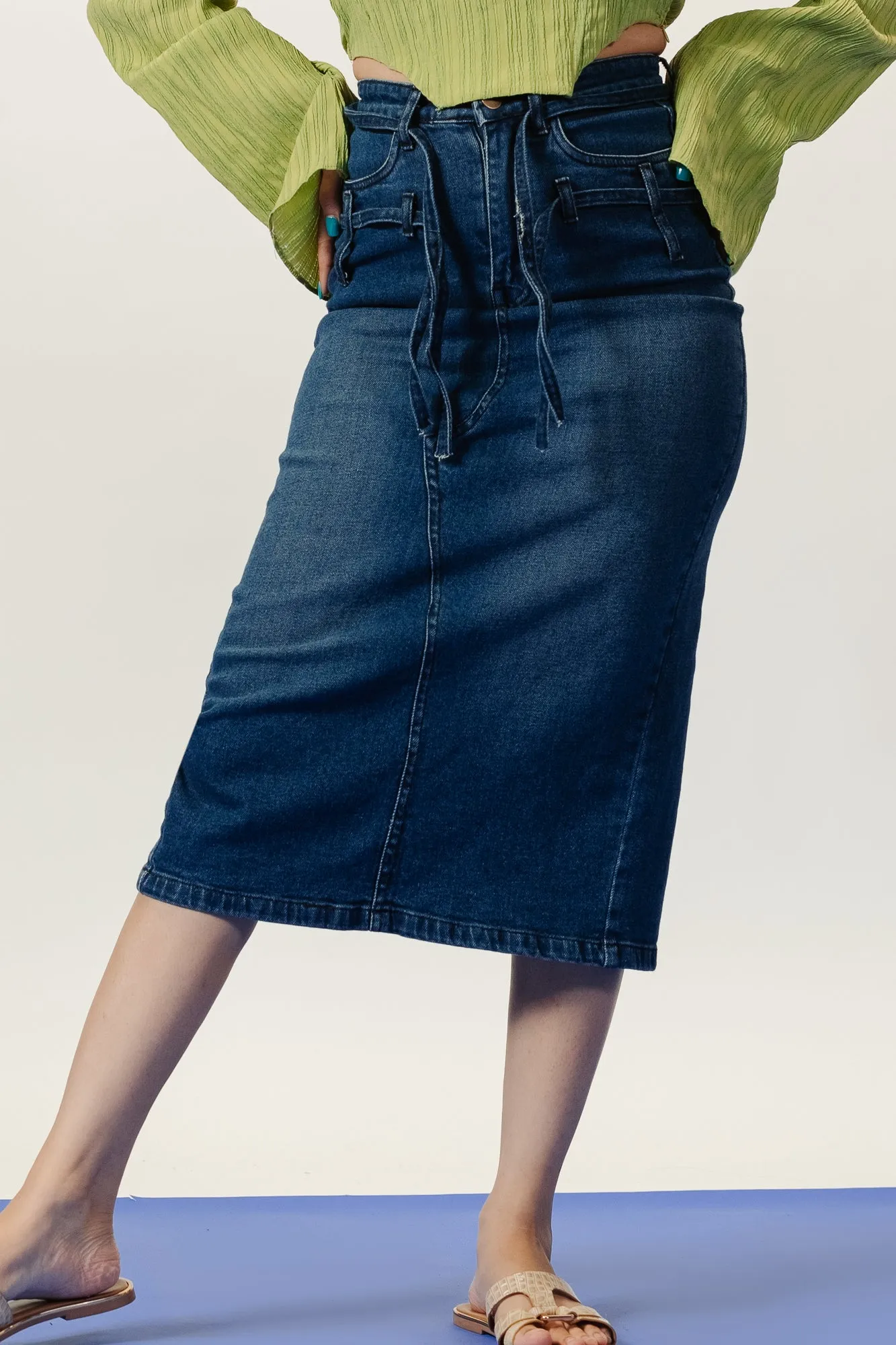 Curve Front Drawstring Indigo Skirt