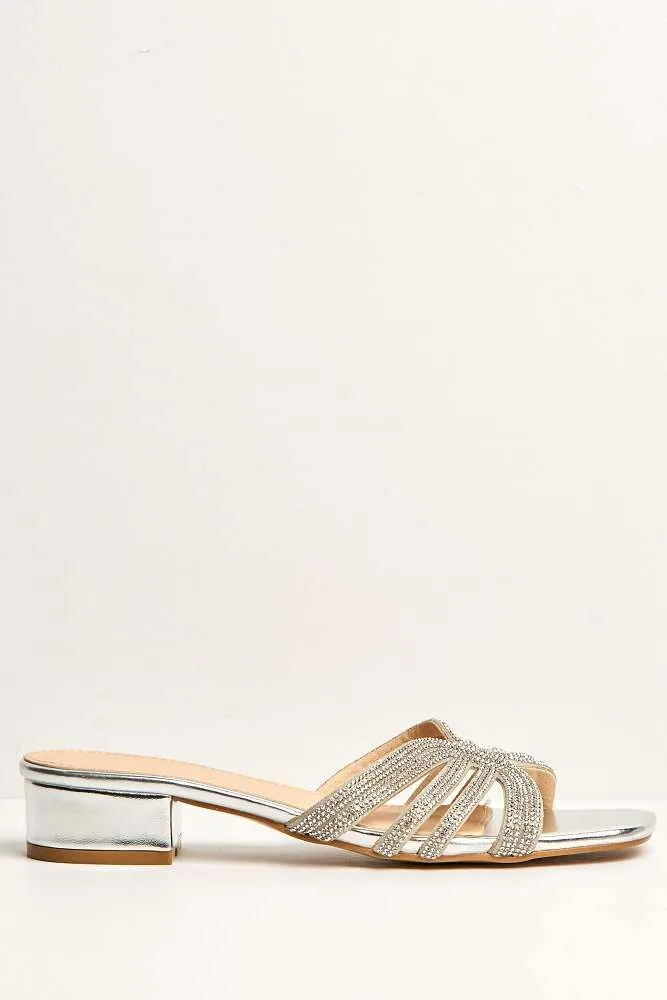 Eliza 6 Diamante Band Block Heel Mule in Silver