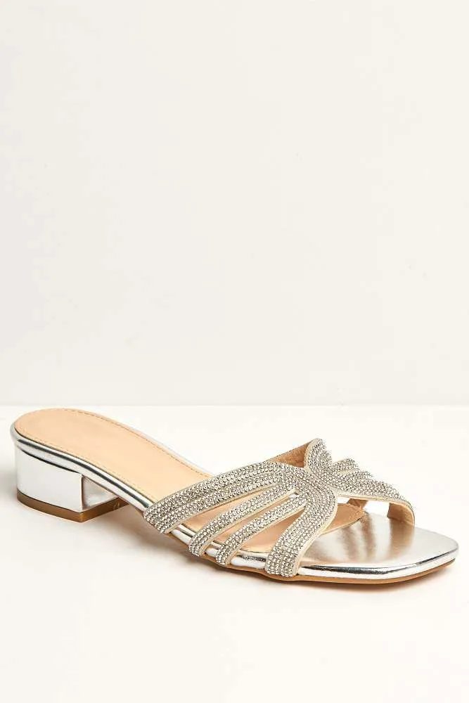 Eliza 6 Diamante Band Block Heel Mule in Silver