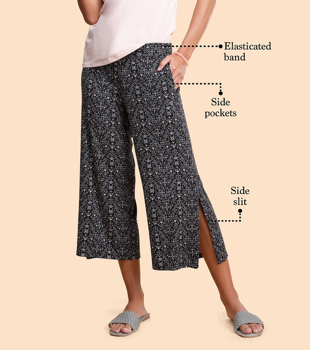 Enamor Culotte Pants For Women | Crop Length Culottes With Smart Side Slits | Black Pixie Aop