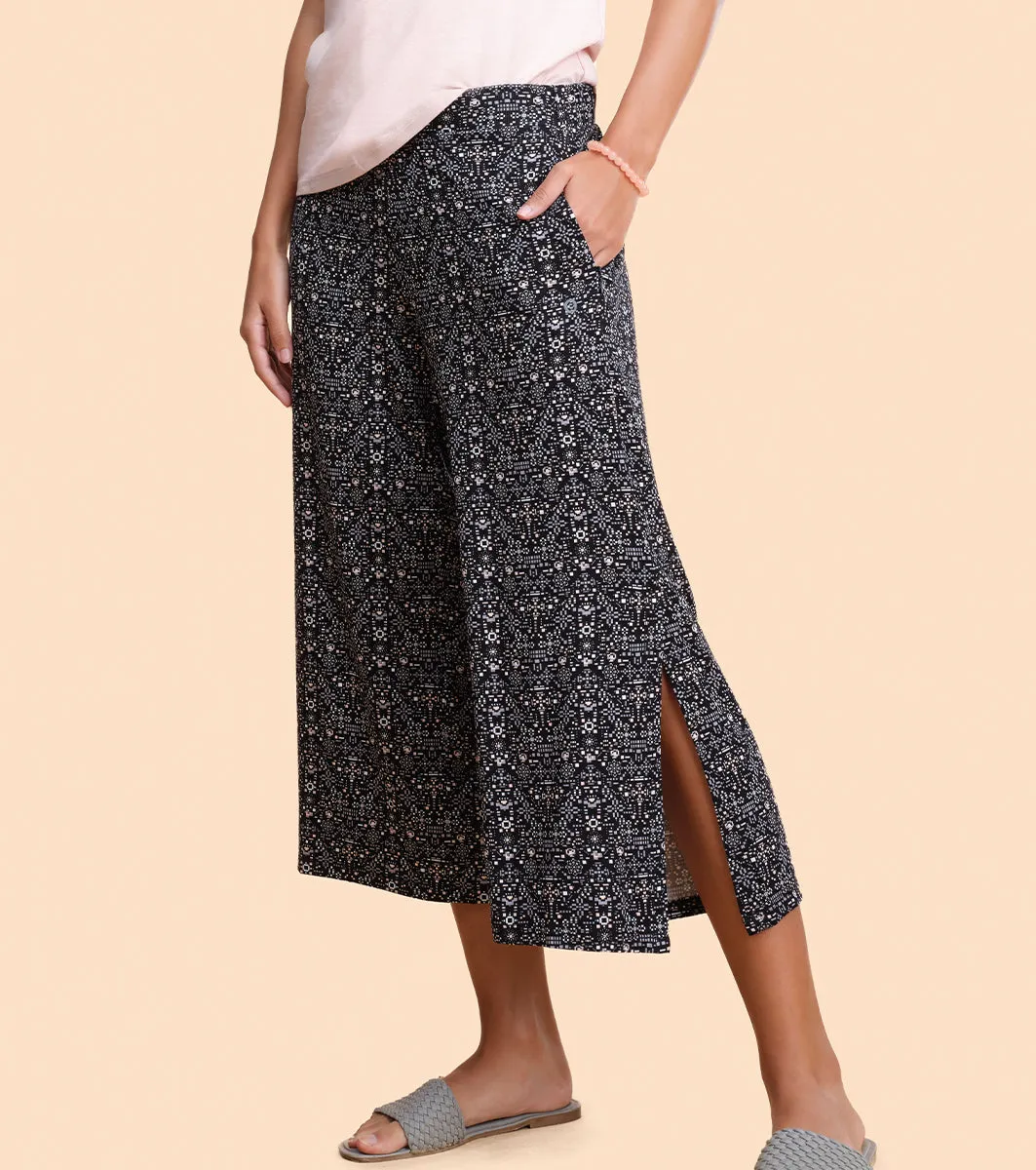 Enamor Culotte Pants For Women | Crop Length Culottes With Smart Side Slits | Black Pixie Aop