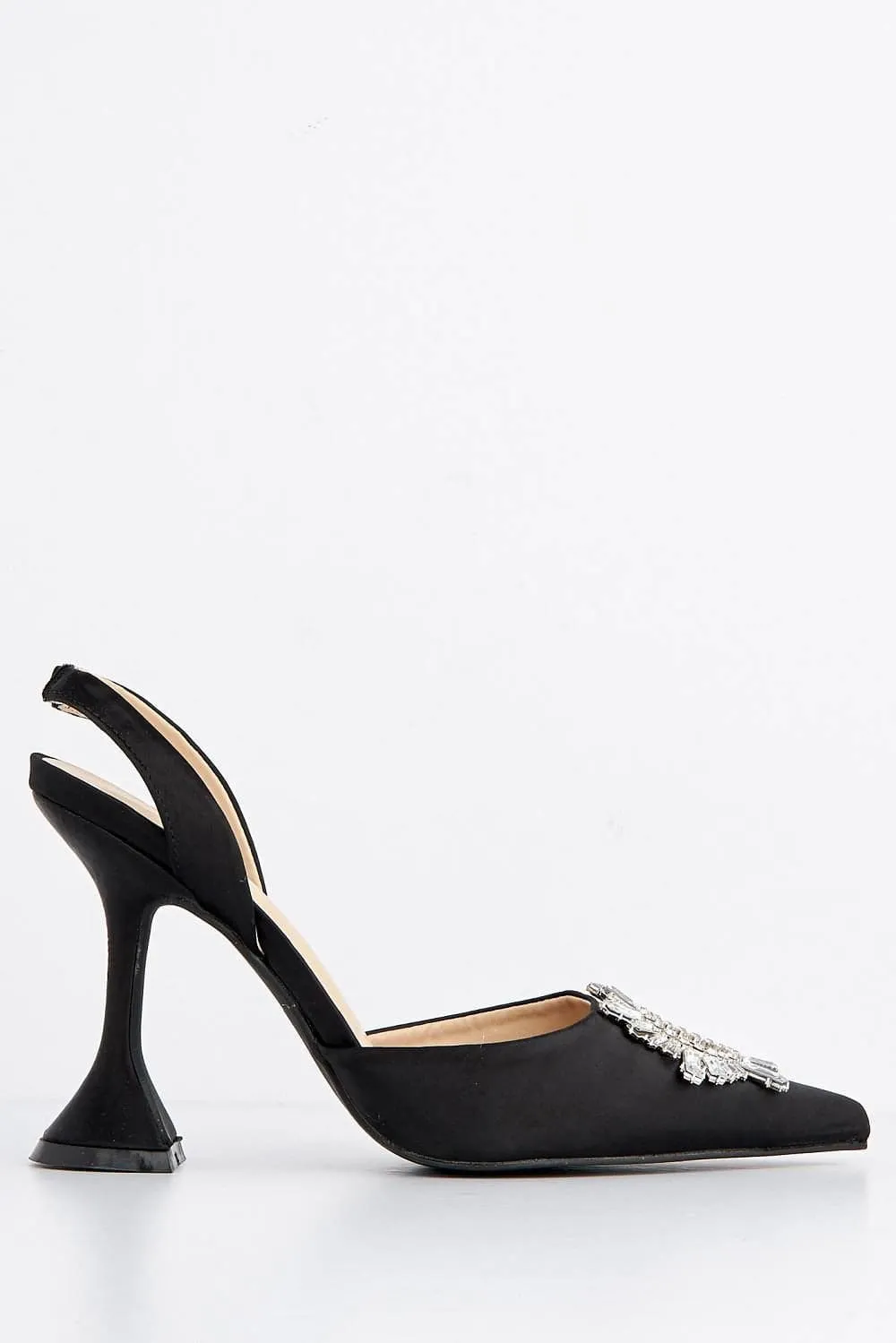 Girona Diamante Brooch Pointed Toe Spool Heel Court Shoe in Black