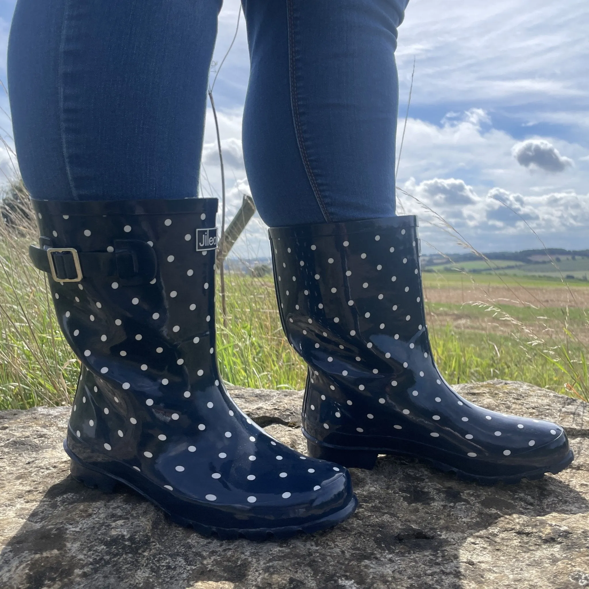 Half Height Navy Spot Wellies - Wide Foot & Ankle