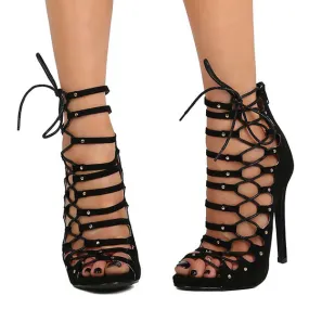 Jesse Black Faux Suede Peep Toe Strappy Side Lace Stiletto Heel