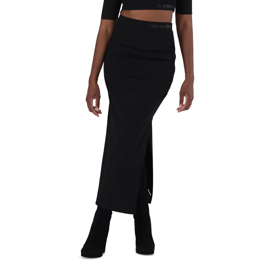 LAUREN BLACK HIGH WAISTED RIB BODYCON MAXI SKIRT