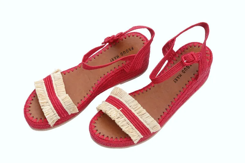 Raffia Wedge Fringe Sandal (Red with Natural Fringe)