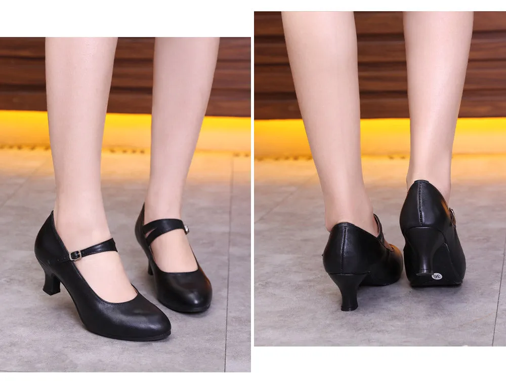 Selena Ladies Genuine Leather Character Dance Shoes with Split Strap and Rubber Sole.  Available in Black, Red and Silver