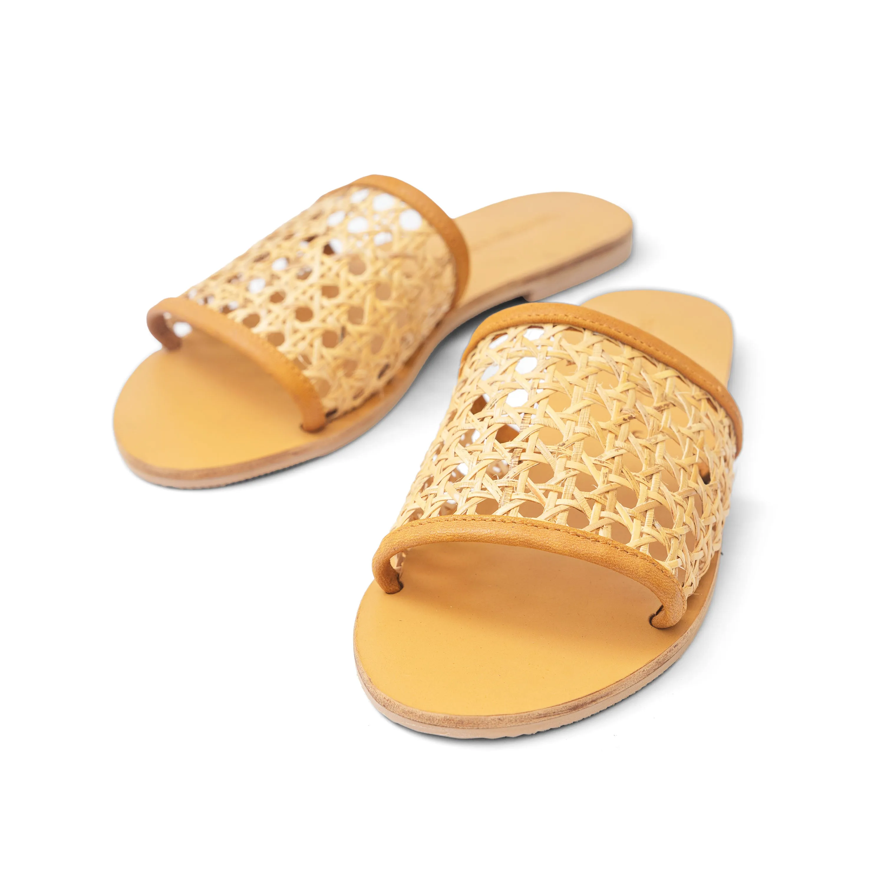 Tan Genuine Leather Rattan Cane Slide