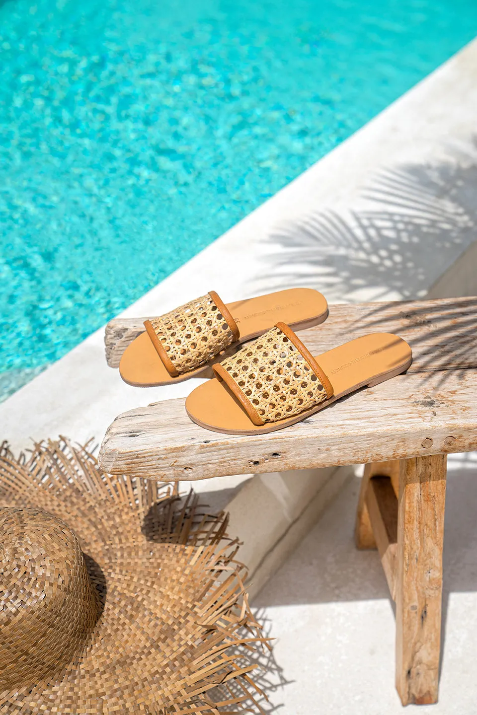 Tan Genuine Leather Rattan Cane Slide