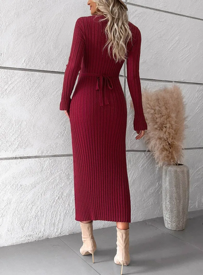 Wine Red Ribbed Bodycon V Neck Long Sleeve Knit Dress