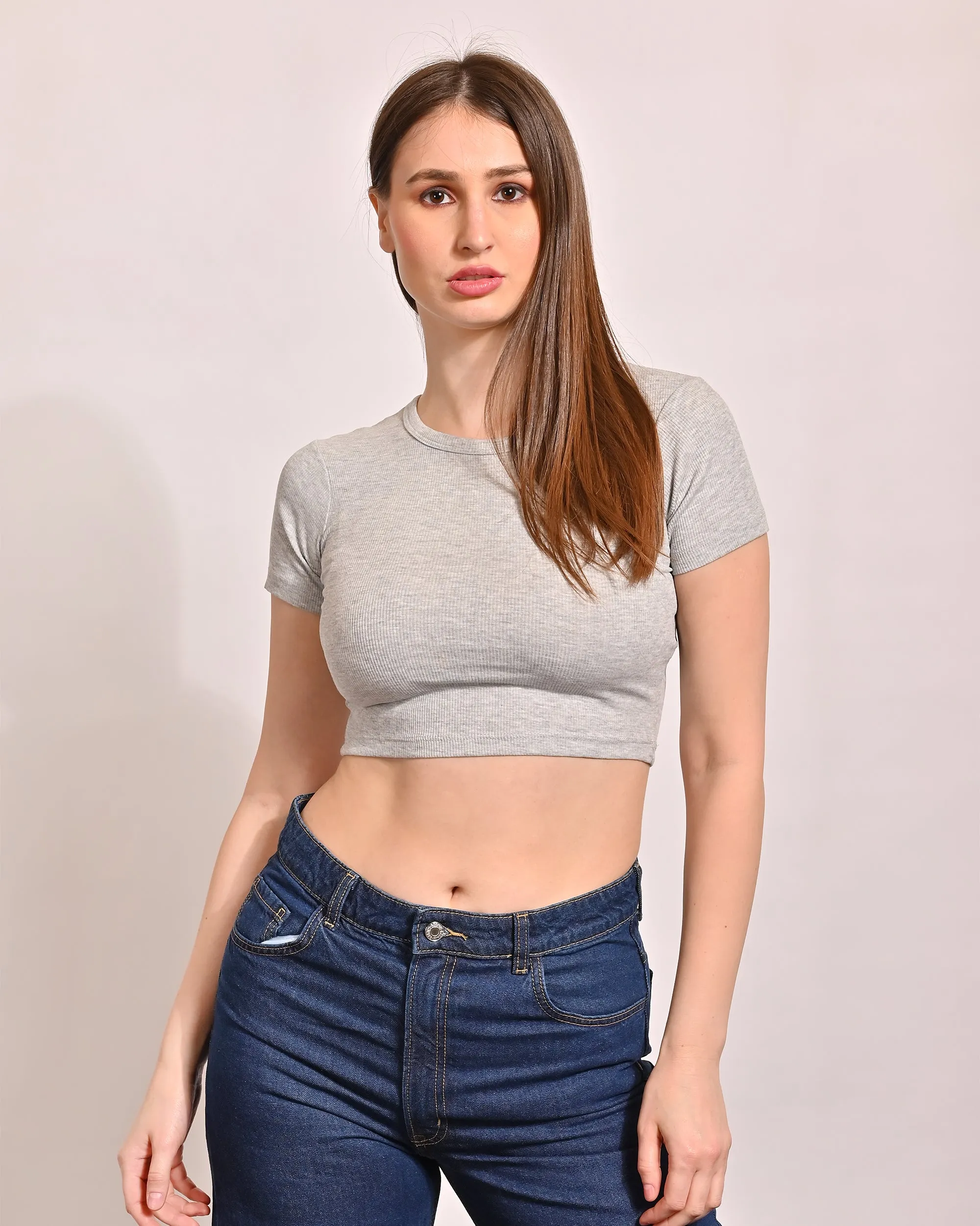 Women Grey Round Neck Top