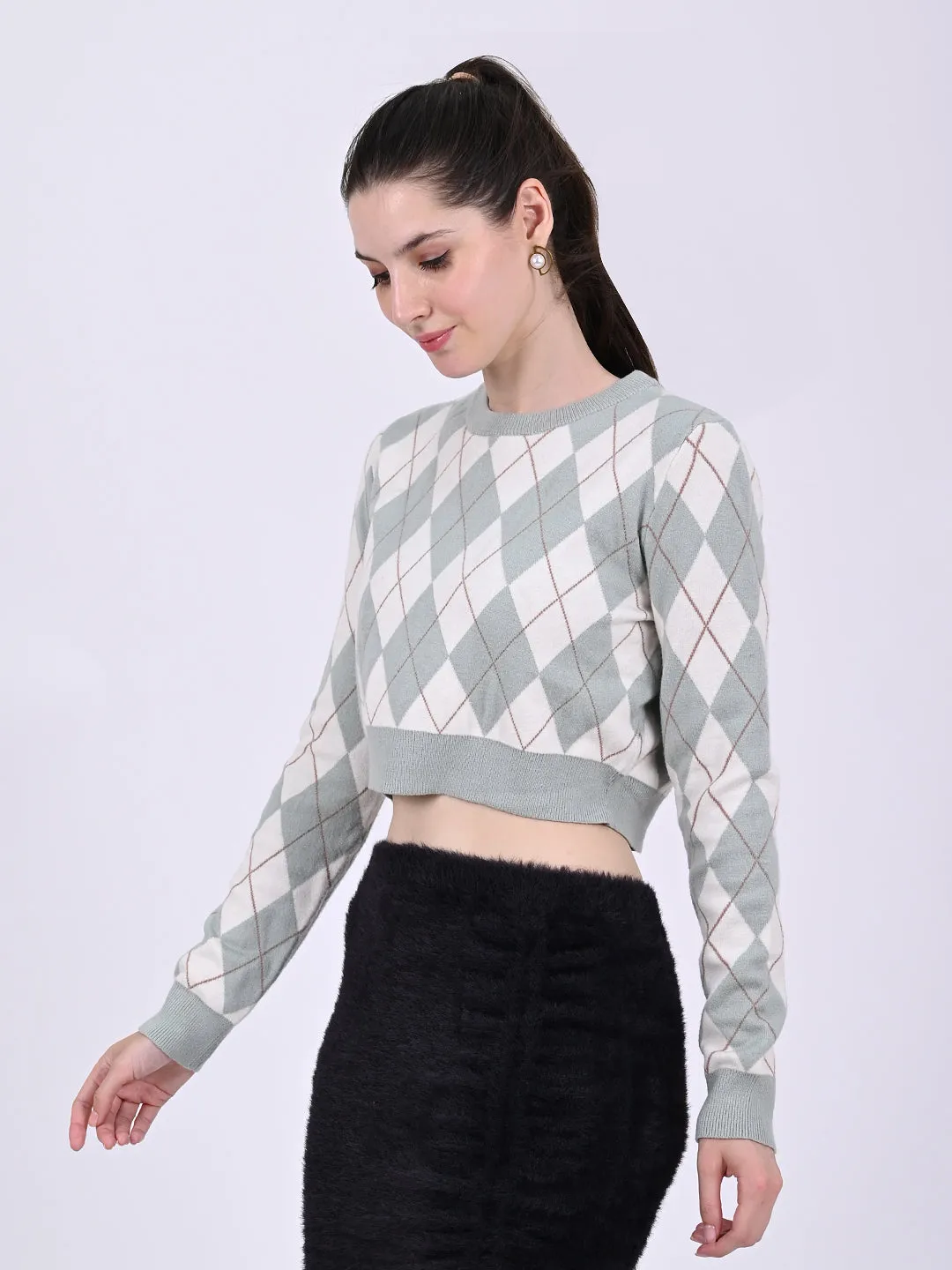 Women Lt Green Checkered Crop